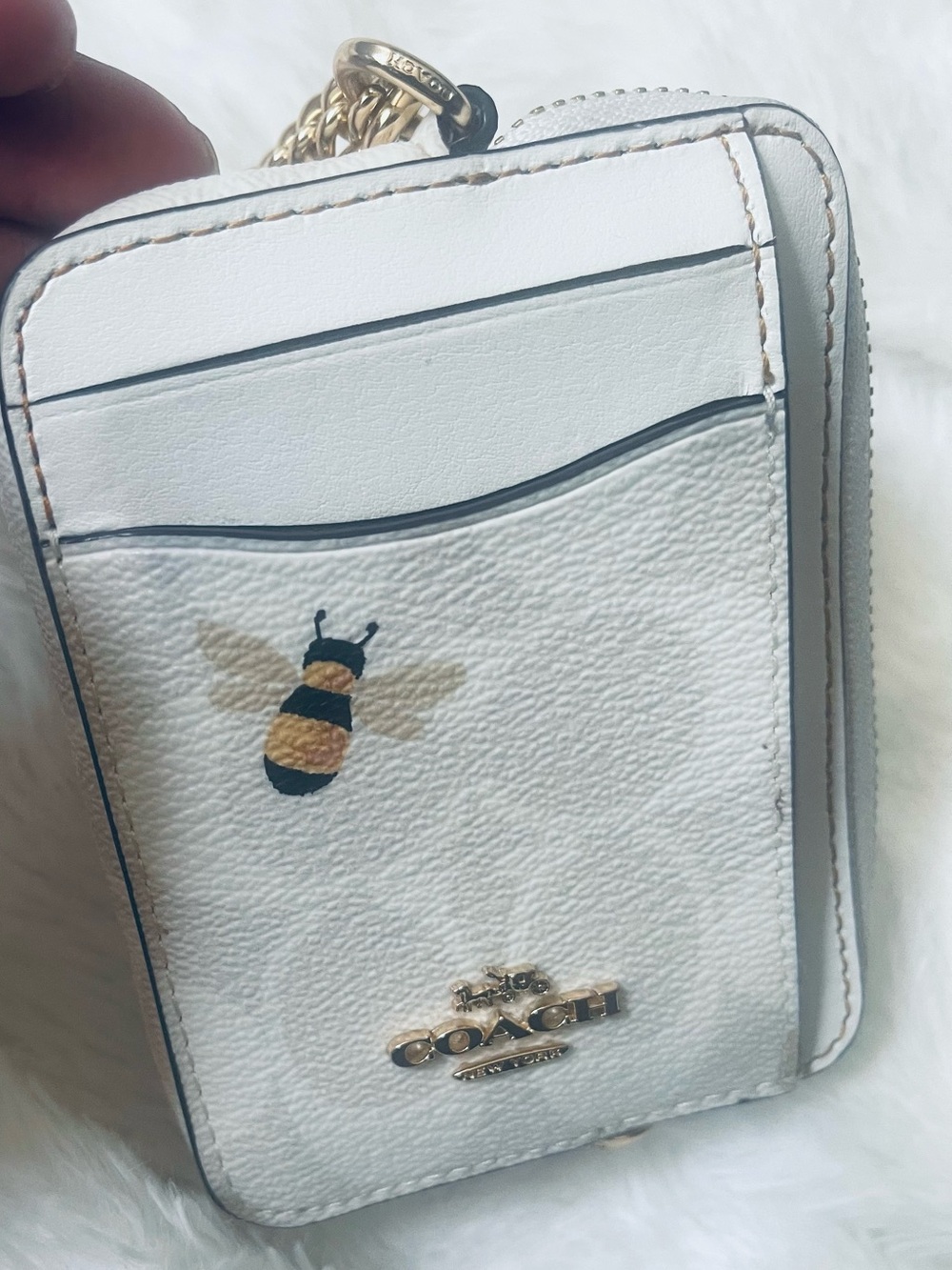 Coach White Bee Print Card Case with Gold Chain